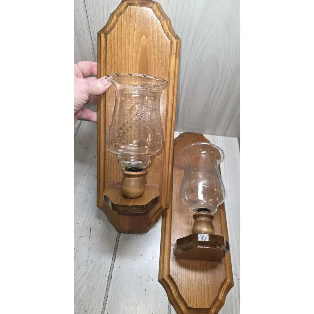 Vtg Wooden Wall Sconce Clear Floral Glass Votive Candle Holder Cabin Decor